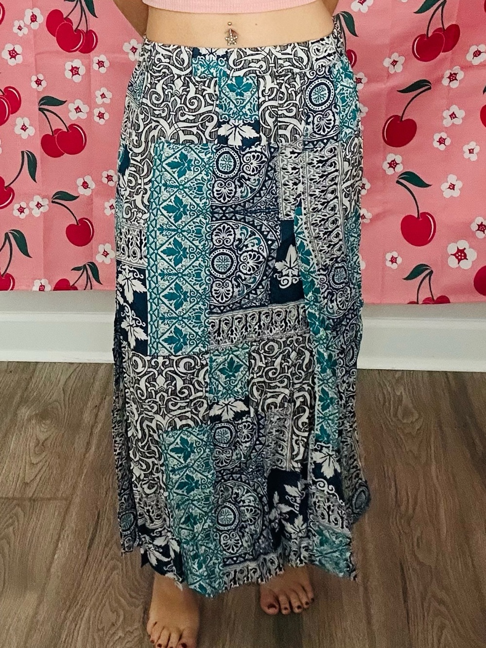 EARTHBOUND Teal, Navy & White Patchwork Maxi Skirt